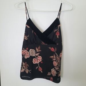 Vintage 90s Y2K Wet Seal Sz L Black Floral Cami Tank Top Velour Trim Semi Sheer